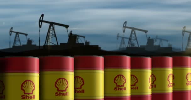 Poznan Polonia Octubre 2023 Shell Oil Petroleum Fuel Barriles Row — Vídeo de stock