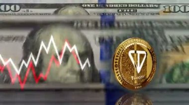 Toncoin TON şifreleme altın sikkesi 100 doların üzerinde. Arka planda ABD banknot sayma ve çizelge çizgisi. Döngüsüz ve pürüzsüz 3D soyut kavram.