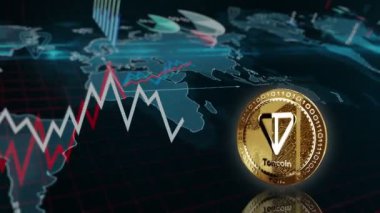 Toncoin TON şifreleme altın madeni para grafiği çeviriyor. Artan ve azalan çizgilerle fiyat grafiği. Çevrimiçi ödeme ve işlem 3D soyut kavram. Döngüsüz ve pürüzsüz.