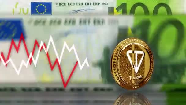 トンコインTon暗号通貨100ユーロ紙幣を超える金貨 ユーロノート バックグラウンドのカウントとチャートライン ループ可能でシームレスな3D抽象コンセプト — ストック動画