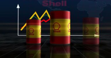 Poznan, Polonya, 12 Ekim 2023: Kabuk petrol yakıt varilleri büyüme grafiğinde. Fosil yakıt şirketi ve artan istatistiksel diyagramı olan petrol endüstriyel metal konteynerler..