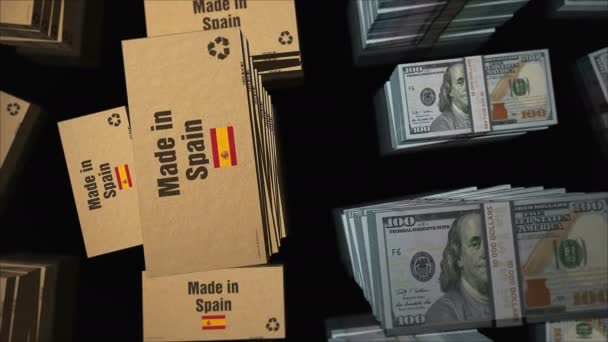 Tillverkad Spanien Box Linje Usa Dollar Pengar Bunt Högar Export — Stockvideo