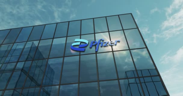 New York New York Oktober 2023 Pfizer Incorporation Hauptquartier Glasbaukonzept — Stockvideo