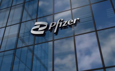 New York, New York, 15 Ekim 2023 Pfizer Anonim Şirketi 'nin cam bina konsepti. Eczacılık biyomedikal şirketinin ön cephedeki logosu 3 boyutlu illüstrasyon..