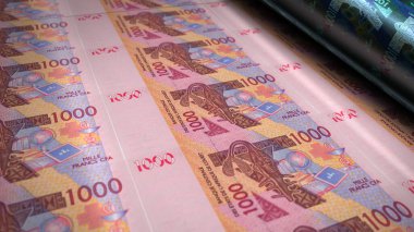 Batı Afrika CFA parası Franc Nijer Mali Senegal Afrika 3d illüstrasyon basıyor. 1000 XOF banknot baskısı. Finans, ekonomi, iş başarısı, durgunluk, banka ve bankacılık kavramı.