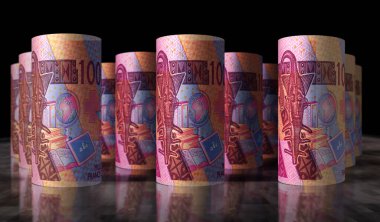 Batı Afrika CFA parası Franc Nijer Mali Senegal Afrika 'da 3d illüstrasyon var. 1000 XOF banknot destesi. Maliye, ekonomi, iş, banka, vergi ve borç kavramı.