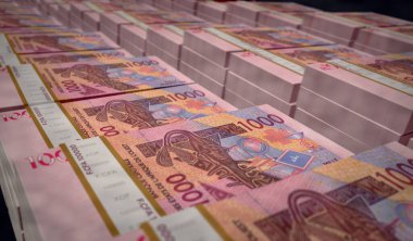 Batı Afrika CFA parası Franc Nijer Mali Senegal Afrika 3d illüstrasyon basıyor. 1000 XOF banknot baskısı. Finans, ekonomi, iş başarısı, durgunluk, banka ve bankacılık kavramı.