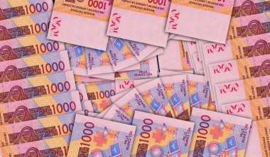 Batı Afrika CFA parası Franc Nijer Mali Senegal Afrika nakit hayran mozaiği XOF banknotları. Soyut banka, finans, ekonomi dekoratif tasarım konsepti 3d illüstrasyon.