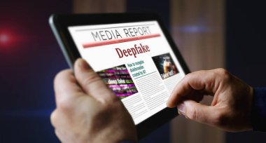 Deepfake AI disinformation fake news and misinformation daily newspaper reading on mobile tablet computer screen. Man touch screen with headlines news abstract concept 3d illustration. clipart