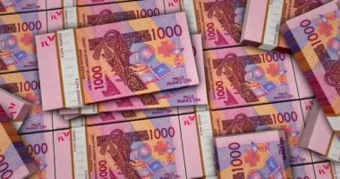Batı Afrika CFA parası Franc Nijer Mali Senegal Afrika 3d 'yi finanse ediyor. Kamera görüntüsü şehirlerarası. 1000 XOF paket. Ekonomi, iş, bankacılık, borç ve finans kavramı.