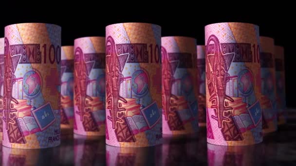 西アフリカCfaのお金フランニジェールマリセネガルアフリカのお金ロールループ3Dアニメーション 1000 Xofローリング紙幣の前を移動するカメラ 経済と金融のシームレスなループ可能な概念 — ストック動画