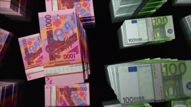 Euro ve Batı Afrika CFA para değişimi. Kağıt banknotlar tomar tomar. Ticaret, ekonomi, rekabet, kriz, bankacılık ve finans kavramı. Döngüsüz 3D canlandırma notaları.