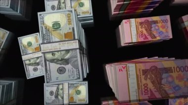 Amerikan Doları ve Batı Afrika CFA Para Takası. Banknotlar tomar tomar. Ticaret, ekonomi, rekabet, kriz, bankacılık ve finans kavramı. Döngüsüz 3D notalar.