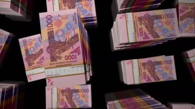 Batı Afrika CFA parası Franc Nijer Mali Senegal Afrika paket döngüsü. 1000 'den fazla XOF banknotu üst görüntüde. Üç boyutlu döngüsüz. Ekonomi, iş ve finans konsepti.