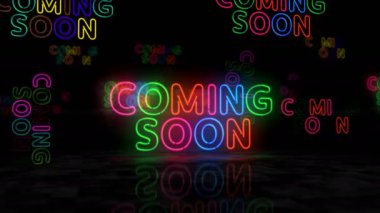 Yakında parlayan neon sembolü geliyor. Renkli ampuller. Ticari satış tanıtımı soyut konsept 3D animasyon.
