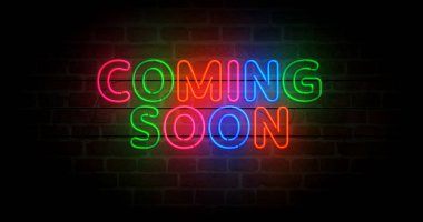 Yakında neon sembolü geliyor. Ticari satış tanıtımı ampulleri. Soyut konsept 3d illüstrasyon.