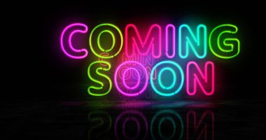 Yakında neon sembolü geliyor. Ticari satış tanıtımı ampulleri. Soyut konsept 3d illüstrasyon.