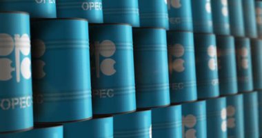 Poznan, Polonya, 24 Ekim 2023: OPEC petrol varilleri sırasız döngüsüz döngü konsepti. Petrol İhraç Örgütü Petrol Üretimi Üretim Üretim Şirketi Endüstriyel Konteynırları.