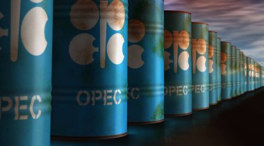 Poznan, Polonya, 24 Ekim 2023: OPEC petrol varilleri sıra konsepti. Organizasyon Petrol İhraç Eden Ülkeler Petrol Üretimi İhracat Birliği Endüstriyel konteynerler 3d illüstrasyon. 