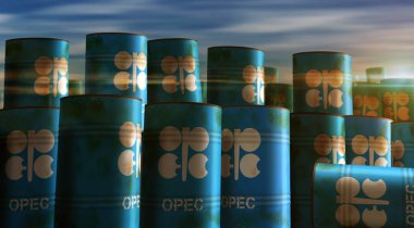 Poznan, Polonya, 24 Ekim 2023: OPEC petrol varilleri sıra konsepti. Organizasyon Petrol İhraç Eden Ülkeler Petrol Üretimi İhracat Birliği Endüstriyel konteynerler 3d illüstrasyon. 