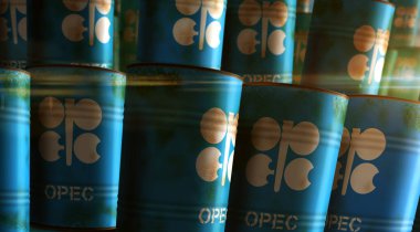 Poznan, Polonya, 24 Ekim 2023: OPEC petrol varilleri sıra konsepti. Organizasyon Petrol İhraç Eden Ülkeler Petrol Üretimi İhracat Birliği Endüstriyel konteynerler 3d illüstrasyon. 