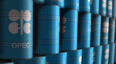 Poznan, Polonya, 24 Ekim 2023: OPEC petrol varilleri sıra konsepti. Organizasyon Petrol İhraç Eden Ülkeler Petrol Üretimi İhracat Birliği Endüstriyel konteynerler 3d illüstrasyon. 