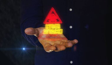 Siber saldırı hackleme ve virüs ağı güvenlik ihlali insan eli üzerinde 3D uyarı sembolü. Siber teknoloji ikonu soyut konsept çizimi.