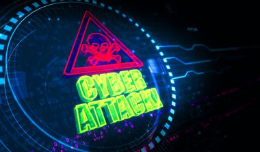 Siber saldırı hackleme ve virüs ağı güvenlik ihlali sembolü dijital konsept. Ağ, siber teknoloji ve bilgisayar arkaplanı soyut 3D resimleme.