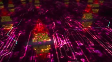 Siber saldırı hackleme ve virüs ağı güvenlik ihlali soyut siber alarm sembolü. Dijital teknoloji ve bilgisayar arkaplanı pürüzsüz ve döngülü 3D animasyon.