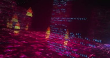 Siber saldırı hackleme ve virüs ağı güvenlik ihlali soyut siber alarm sembolü. Dijital teknoloji arka planı pürüzsüz ve döngüsel dinamik 3D animasyon.