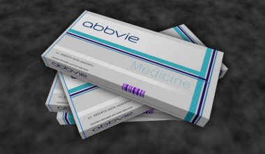 Poznan, Polonya, 25 Ekim 2023: Abbvie tablet üretim hattı. Eczacılık şirketi. İlaç paketi fabrikası. Soyut konsept 3D resimleme.