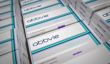 Poznan, Polonya, 25 Ekim 2023: Abbvie tablet üretim hattı. Eczacılık şirketi. İlaç paketi fabrikası. Soyut konsept 3D resimleme.