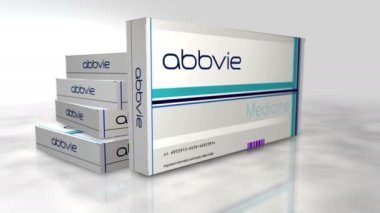 Poznan, Polonya, 25 Ekim 2023: Abbvie tablet kutusu. Eczacılık şirketi. Haplar soyut konsept animasyon içerir. Kamera hareket ederken 3 boyutlu görüntü.