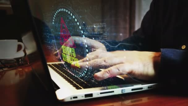 Cyberaanval Hacken Virus Netwerk Security Breach Alert Symbool Mens Typen — Stockvideo