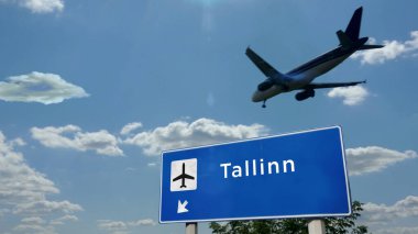 Uçak silueti Tallinn, Estonya 'ya iniyor. Uluslararası havaalanı yön tabelasıyla ve mavi gökyüzüyle şehrin gelişi. Seyahat, seyahat ve ulaşım konsepti 3D illüstrasyon.