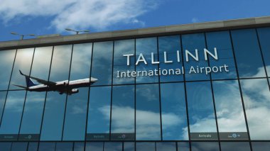 Tallinn, Estonya 'ya inen uçak 3 boyutlu resimleme. Cam havaalanı terminali ve jet uçağının yansıması ile şehre varış. Seyahat, iş, turizm ve ulaşım.