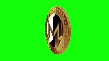 Monero XMR kripto para birimi yeşil ekran döngüsü üzerinde altın madeni parayı izole etti. Dönen altın metal döngüsü soyut kavram. 3B döngü kusursuz canlandırma.