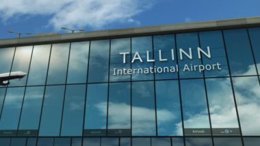 Tallinn, Estonya 'ya 3 boyutlu bir uçak iniyor. Cam havaalanı terminali ve jet uçağının yansımasıyla şehre vardık. Seyahat, iş, turizm ve ulaşım 3D konsepti.