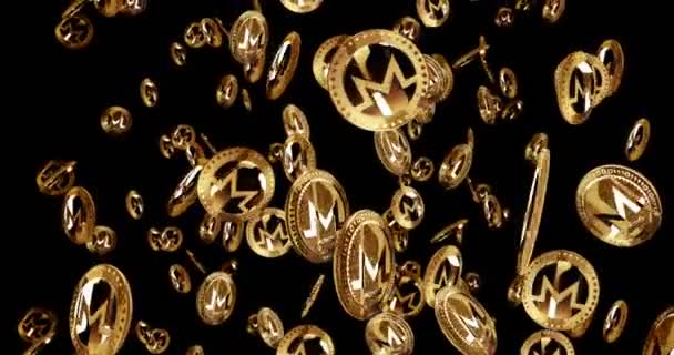 莫内罗Xmr加密货币隔离金币的背景雨 旋转的黄金金属硬币掉落圈抽象概念 — 图库视频影像