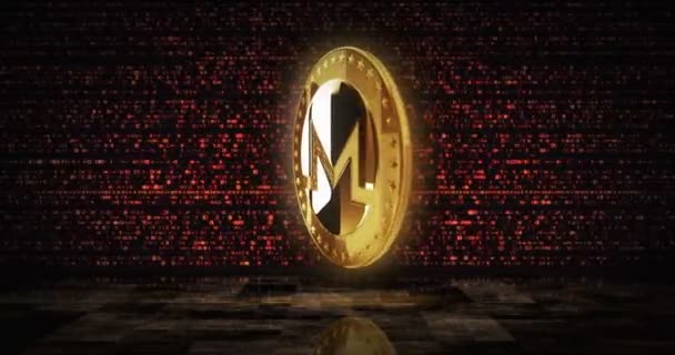 莫内罗Xmr加密货币金币在数字屏幕易碎背景下 旋转的金金属圈抽象概念 3D循环无缝动画 — 图库视频影像