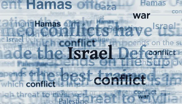 Israel Hamas Palestine conflict war crisis. Headline news titles international media abstract concept 3d illustration.