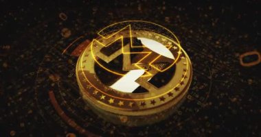 Monero XMR kripto para birimi altın paralar dönüyor. Kamera 3 boyutlu metal parlaklıklar etrafında döner. Fintech, çevrimiçi ödeme ve dijital işlem soyut kavramı.