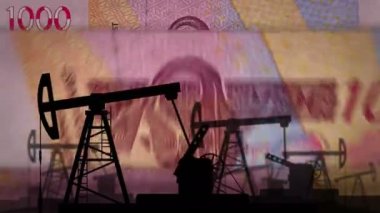 Batı Afrika CFA parası Franc Nijer Mali Senegal Afrika petrol pompalı para sayma makinesi. Petrol kulesi ve XOF banknotları ile yakıt enerjisi sayılır. Soyut konsept arkaplan döngüsüz 3d.
