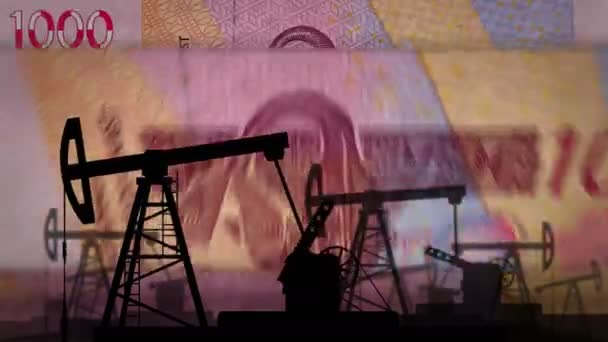 西アフリカCfaマネーフランニジェールマリセネガルアフリカ 石油ポンプ付きマシンを数えるお金 Xof紙幣を搭載した石油リグと燃料エネルギー 抽象概念の背景 ループ可能なシームレスな3D — ストック動画