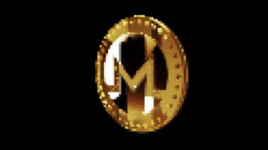 Monero XMR şifreleme altın sikkesi retro piksel mozaik 80 'ler tarzında. Dönen altın metal döngüsü soyut kavram. 3B döngü kusursuz döngü.