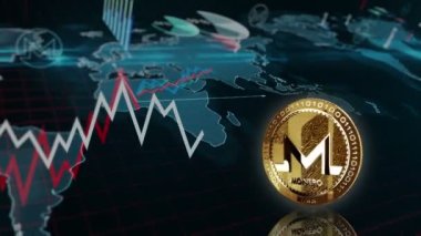 Monero XMR şifreleme altın sikkesi haritayı çeviriyor. Artan ve azalan çizgilerle fiyat grafiği. Çevrimiçi ödeme ve işlem 3D soyut kavram. Döngüsüz ve pürüzsüz.