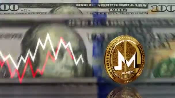 Monero Xmr Cryptocurrency Χρυσό Νόμισμα Πάνω Από 100 Δολάρια Χαρτονομίσματα — Αρχείο Βίντεο