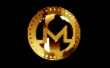Monero XMR şifreleme altın sikkesi retro piksel mozaik 80 'ler tarzında. Dönen altın metal soyut konsept 3D illüstrasyon.