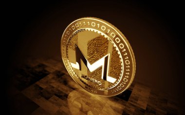 Monero XMR şifreleme altın sikkesi yeşil ekran arka planında. Soyut konsept 3d illüstrasyon.