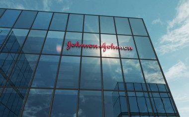 New Brunswick, New Jersey, 1 Kasım 2023 Johnson ve Johnson Şirketi 'nin cam bina konsepti. Eczacılık şirketinin ön cephedeki logosu 3 boyutlu illüstrasyon..